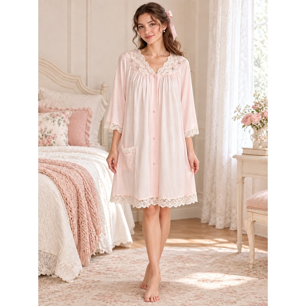 Vintage Shadowline Pink Lace Duster Robe House Coat Grandmacore 1970s Medium